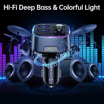 SYNCWIRE Bluetooth 5.3 FM Transmitter Car Adapter 38W [Light Switch] [HiFi Bass Sound] [Fast Charging] Wireless Radio Music Adapter LED Display Hands-Free Calling Support USB Drive - color: Dark Blue, style: 38W
