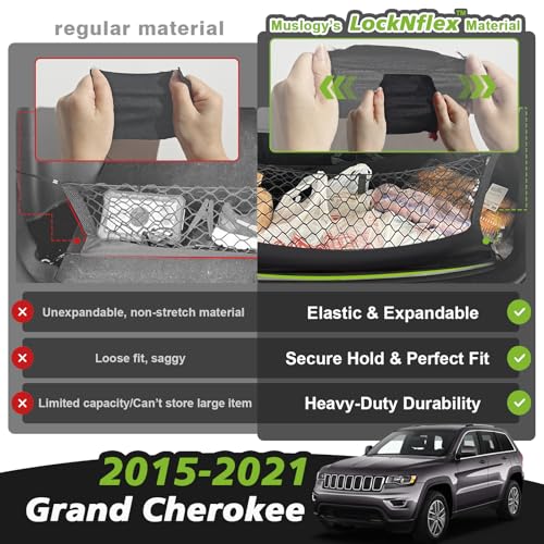 Muslogy Truck Bed Cargo Net Trunk Netting Compatible with 2015-2021 Jeep Grand Cherokee (WK2 ONLY) Accessories, Pickup Cargo Organizer SUV Sedan Storage Net w/Heavy Duty Carabiners - style: 2015-2021 Grand Cherokee (WK2)