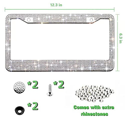 Bling License Plate Frame for Women,Sparkle Crystal Bedazzled Rhinestone License Plate Frames with 1400pcs Rhinestones, Handcrafted Crystal Premium Stainless Steel Frame with Screw Caps (White) - color: white