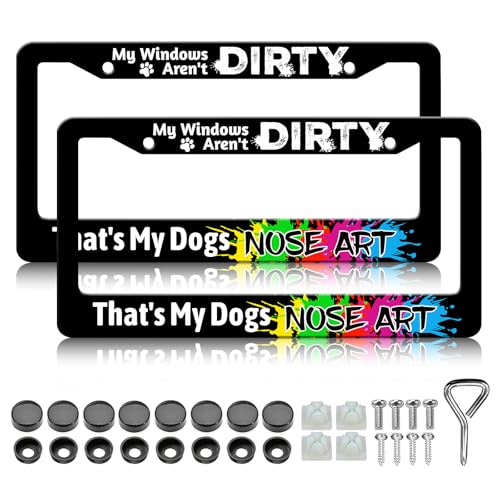 HCSS My Windows aren't Dirty That's My Dogs Nose Art License Plate Frames - 2 Pack Funny License Plate Holder, Stainless Steel Rust-Proof Waterproof Car Decorative Tag Frame for Standard US 12x6 Inch - color: My Windows aren't Dirty