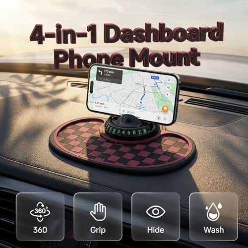 Multifunction Car Anti-Slip Mat, Non-Slip Dashboard Mat with 360° Rotating Phone Holder Temporary Parking Number Plate, Dashboard Grip Pad (Black) - color: Black