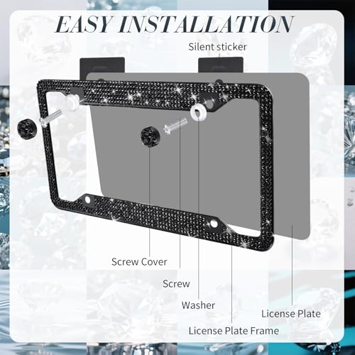 Timtin 2 Pcs Bling License Plate Frame Sparkly Rhinestone Diamond Accessories Stainless Steel Front License Plate Cover with Bling 4 Crystal Tire Valve Caps 1 Start Ring Sticker (Black) - color: Black