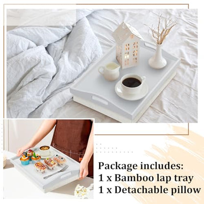 Tioncy 1 Piece Bamboo Lap Tray with Detachable Pillow 16.9'' x 13'' Lap TV Trays Desk with Handles for Adults Eating in Recliner Breakfast Housewarming Gift (White) - color: White