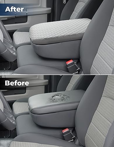 ISSYAUTO Center Console Cover Compatible with 2002-2012 Ram 1500 2500 3500 Jump Seat Console, Leather Armrest lid Cover Arm Rest Covering for Car, Durable Middle Console Cover, Gray