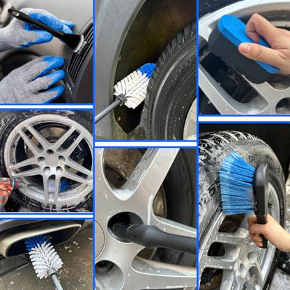 Car Wheel Brush Kit, Soft Drill Wheel Cleaner Brush, Tire Brush, Detailing Brush, and Detailing Pads, No Scratches Car Wheel Cleaning Kit for Wheels, Tires, Rims, Engines, Exhaust(Blue+White, 6 Pack) - color: Blue+white 6 Pk