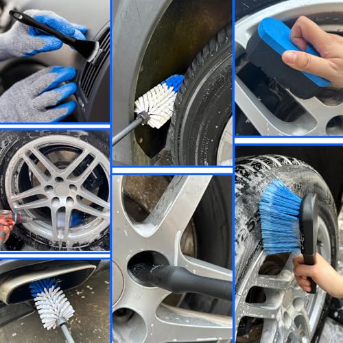Wheel Brush Kit,Soft Drill Wheel Cleaner Brush, No Scratches Highly Dense Car Cleaning Brush Set for Wheels, Tire, Rims, Engines, Exhaust(Blue + White 3 Pk) - color: Blue + White 3 Pk