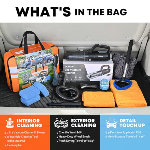 VCANENERGY Car Cleaning kit, Car Interior Detailing kit with 10000pa Car Vacuum Cleaner, Wheel Brush, Windshield Cleaner Tool, Microfiber Towel, Wash Mitt, Interior and Exterior Car Wash kit with Bag - size: 17 PCS