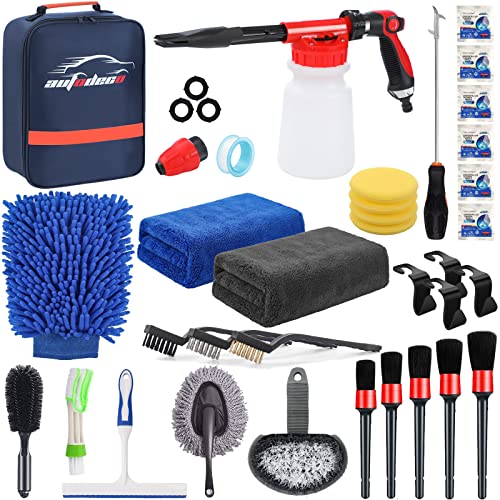 33Pcs Car Wash Detailing Kit Cleaning Kits with Foam Gun Sprayer Brush Large Wash Mitt Towels Complete Interior Exterior Car Washing Supply Set Blue - color: Blue, size: 33Pcs