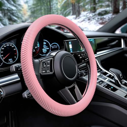WOCOCN Car Steering Wheel Cover, Thin Anti-Skid Silicone Steering Wheel Cover for Men & Women, Universal Automotive Interior Accessories for Most Cars (Pink) - color: Pink