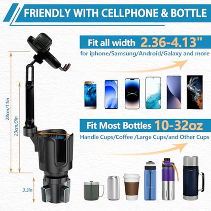 2 in 1 Phone Holders for Your Car, 360°Rotation Car Phone Holder Phone Mount for Car with Expandable Base Car Cup Holder Phone Holder Phone Mount Extendable Long Arm for All Smartphone - color: Extra Large-Black