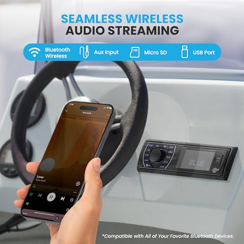Pyle Bluetooth Marine Receiver Stereo - 12v Single DIN Style Boat In dash Radio Receiver System with Digital LCD, RCA, MP3, USB, SD, AM FM Radio - Remote Control, Wiring Harness - PLRMR27BTB (Black) - size: 300w