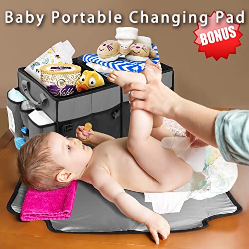 Collapsible Trunk Organizer & Diaper Changing Station, Baby Diaper Caddy Organizer with Movable Dividers, Easy-to-Reach for Back Seat Travel Car Organizer, Waterproof Car Trunk Organizer Groceries