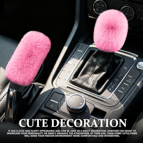 2PCS Plush Car Gear Shift Knob Cover & Handbrake Cover, Shift Knob Protector, Soft Fluffy Gear Handbrake Protective Sleeves, Shifter Lever Brake Handle Warm Plush Set for Cars (Pink) - color: Pink