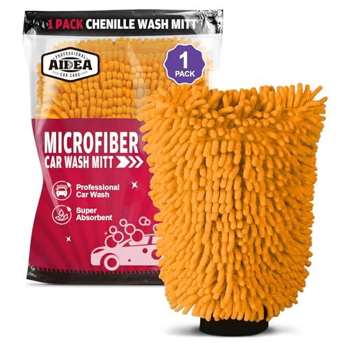 AIDEA Car Wash Mitt Microfiber, 1PK Scratch Free Lint-Free, Premium Chenille Microfiber Mitt Car Wash Brush, Orange, Regular Size 7.12''X10.14'' - color: Orange, size: 1PK