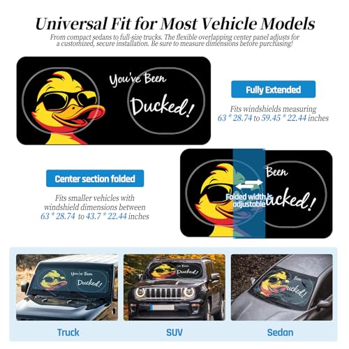 63"x28.5" Car Windshield Sun Shade with Storage Pouch, Stylish Printed Front Window Sunshade with Double Ring Frame, Universal Fit Foldable Heat Blocker & UV Protector for SUV, Sedan (Duck) - color: Duck