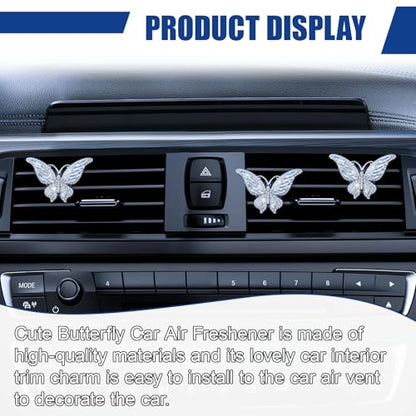 3PCS Bling Butterfly Car Vent Clip, Rhinestone Car Dashboard Air Vent Trim Clips, Auto Air Fresheners Outlet Clip, Auto Interior Diffuser Decoration Accessories for Women Present (White) - size: White