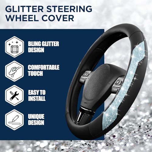 PIC AUTO Steering Wheel Cover, Light Blue Sparkly Crystal Bling Glitter with Leather, Universal Fit 14.5"-15.5" Steering Wheels for Girls & Women, Anti-Slip Wheels Cover for Cars, Trucks, Van, SUVs - color: Light Blue Glitter