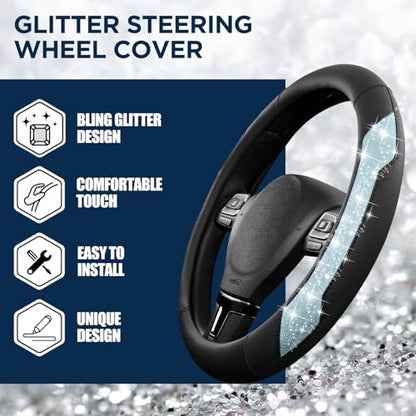 PIC AUTO Steering Wheel Cover, Light Blue Sparkly Crystal Bling Glitter with Leather, Universal Fit 14.5"-15.5" Steering Wheels for Girls & Women, Anti-Slip Wheels Cover for Cars, Trucks, Van, SUVs - color: Light Blue Glitter
