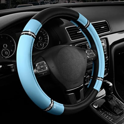 Road Comfort Leather Steering Wheel Cover – Premium Anti-Slip Car Steering Wheel Grip Cover – Universal Fit for 14.5”–15” Cars, Trucks & SUVs - Blue - color: Blue