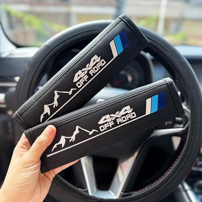 2PCS Tri-Color Mountain 4x4 Offroad Leather Car Seat Belt Shoulder Pads Seatbelt Cover Compatible with Toyota Tacoma 4Runner Tundra Rav4 Highlander TRD Accessories for Men Women (Blue) - color: Blue
