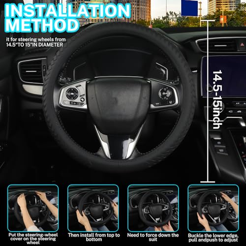Leather Steering Wheel Cover Men，with Black Woven Pattern Car Accessories ，Anti-Slip, Safety, Soft, Breathable, Adaptable to 14.5-15 inches Steering Wheel Fit SUV， Jeep， Van，Sedan，Car - color: Black+Woven Pattern