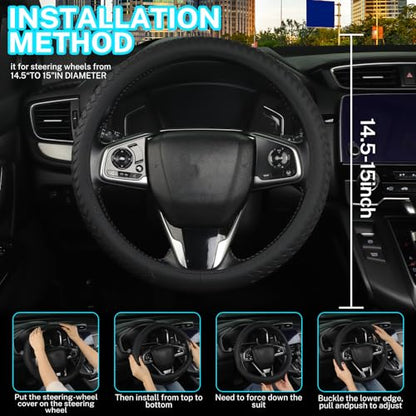 Leather Steering Wheel Cover Men，with Black Woven Pattern Car Accessories ，Anti-Slip, Safety, Soft, Breathable, Adaptable to 14.5-15 inches Steering Wheel Fit SUV， Jeep， Van，Sedan，Car - color: Black+Woven Pattern