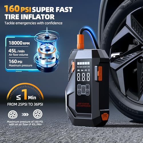 10-in-1 Portable Car Battery Jump Starter with Air Compressor, Jump Starter 6000A 26800mAh 160PSI (All Gas/12L Diesel), 12V Jump Box Car Battery Jumper Starter Portable Jumper Cables, Lights - color: Grey-black