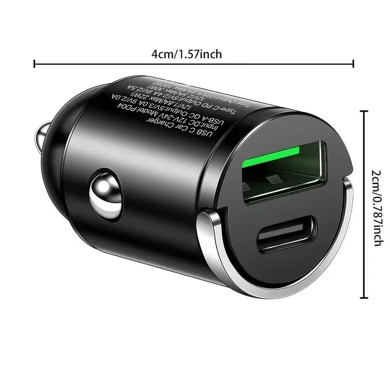66W Car Fast Charger Dual USB-A USB-C Mini Metal Ring Design Stable Power Protection for Smartphones GPS Tachographs, Black - color: Black