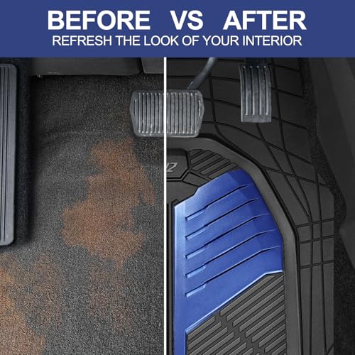 CAR PASS Heavy Duty Rubber Car Mats, Deep-Dish Car Floor Mats All Weather, Universal Two-Tone Trim-to-Fit for SUVs Trucks Sedans, Waterproof Anti-Slip, 3 Pieces V12 Black and Metallic Blue - color: Blue and Black