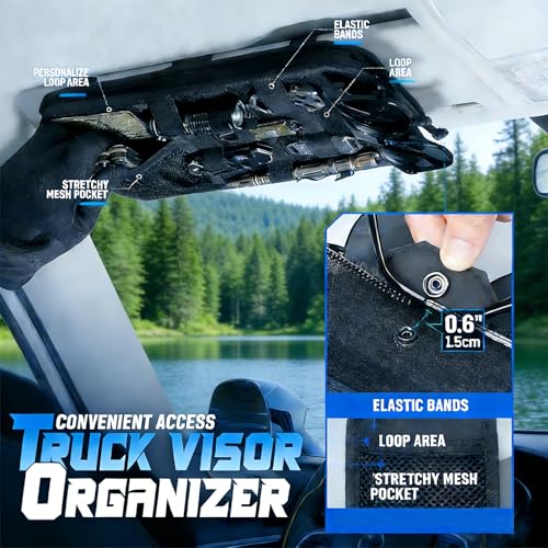 Molle Car Sun Visor Organizer,Car Accessories with Zipper Visor Storage Pouch&Glasses Clip&Adjustable Straps, Semi-Rigid Molle Panel for Tactical Gears, Fits Most Vehicles, SUVs (Grey)