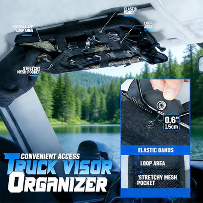 Molle Car Sun Visor Organizer,Car Accessories with Zipper Visor Storage Pouch&Glasses Clip&Adjustable Straps, Semi-Rigid Molle Panel for Tactical Gears, Fits Most Vehicles, SUVs (Grey)