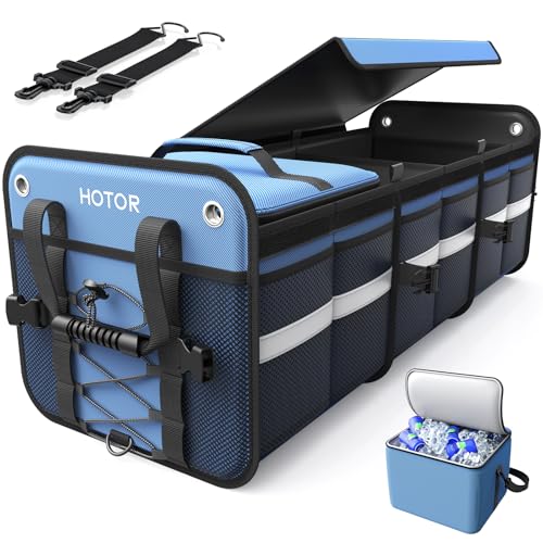 HOTOR Trunk Organizer - 3-Compartment Car Organizer and Storage with Cooler Bag, Foldable Car Storage Organizer for SUV with Handles & Strap for Shopping, Picnic, 33.1" x 13.0" x 11.8", Blue - color: Blue