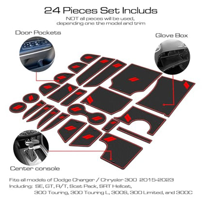 Fits Dodge Charger Accessories 2015-2023, Cup Holder Insert Center Console Shifter Liner Trim Interior Door Pocket Mats Pad (24pcs Set, Red Trim) - color: Red