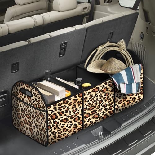 Classic Leopard SUV Car Trunk Organizer Accessories 50L Collapsible Car Storage Bag 3 Compartment Caddy Waterproof Foldable - color: Classic Leopard
