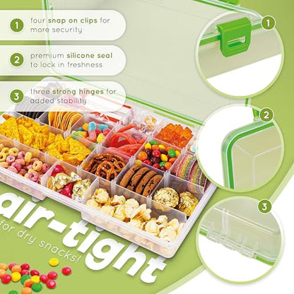 Create-ables Large Snackle Box Container Reel Bites Large Snack Container for Travel, 21-Compartment Snackle Box with Adjustable Dividers, Dishwasher Safe – 14 inch - size: 14 inch