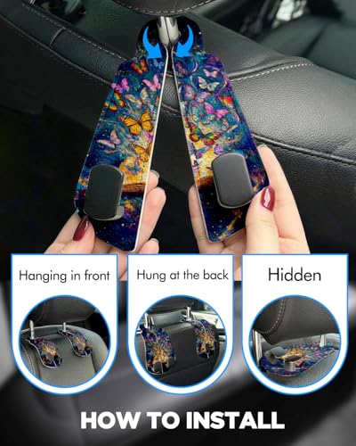 WOCOCN 2 Pack Car Purse Hook for Car Seat Headrest, Double-Sided PrintingPU Leather Purse Holder with Metal Hook, Cute Car Accessories for Women, Men (Car hook - Book Butterfly A) - color: Car hook - Book Butterfly A