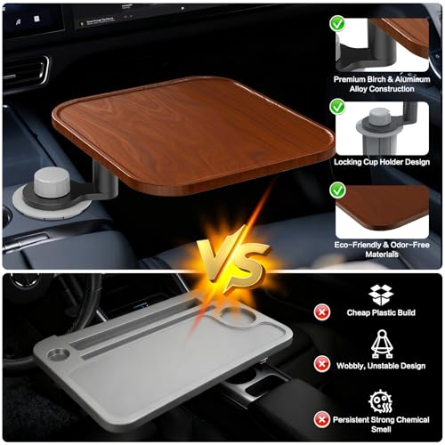 360° Rotation Car Desk for Laptop, Height-Adjustable Cup Holder Table, Wooden Car Food Tray & Laptop Mount Compatible with Tesla Model Y/3/S, Ford F150/Explorer/Maverick & Most Vehicles (Warm Walnut) - color: Warm Walnut