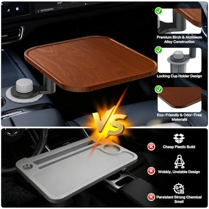360° Rotation Car Desk for Laptop, Height-Adjustable Cup Holder Table, Wooden Car Food Tray & Laptop Mount Compatible with Tesla Model Y/3/S, Ford F150/Explorer/Maverick & Most Vehicles (Warm Walnut) - color: Warm Walnut