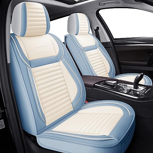 LINGVIDO Full Set Car Seat Covers, Faux Nappa Leather, Airbag Compatible and Waterproof Protectors for Sedans SUVs, Breathable Interior for Active Families, Pets, and Commuters (5 Seats, White/Blue) - color: White-Light blue, size: Full set