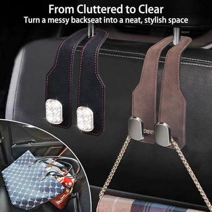2Pcs Car Headrest Hooks with Premium Leather, Upgraded Double Metal Hooks with Anti-Drop Design, Universal Back Seat Hanger for Bags, Coats, Purses and Groceries (Stylish Brown) - color: Stylish Brown 2Pcs