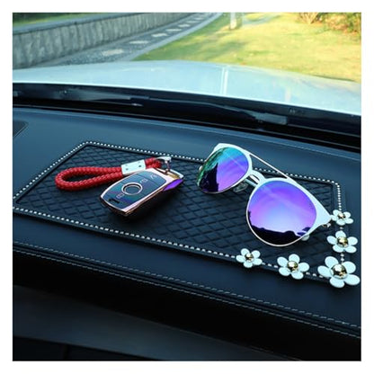 Bling Daisy Car Dashboard Anti-Slip Mat, Rhinestone Auto Dash Phone Hold Sticky Pad, 10.4'' × 5.9'' Vehicle Strong Gripping Mat for Keychain, Sun Glass and Electronic Device (Diamond/Daisy) - color: Diamond/Daisy