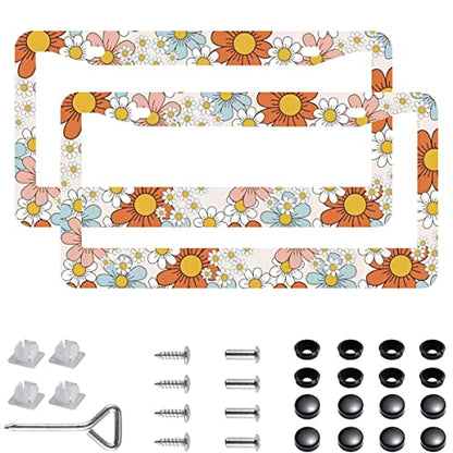 2Pcs 7 Color Flowers License Plate Frames Cover Holders Stainless Steel Boho Pattern License Plate Cover with Screw Caps Cover and Screwdriver Set - 2-Hole for Girl Women (Boho Pattern) - color: 7 color flowers