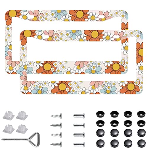 2Pcs 7 Color Flowers License Plate Frames Cover Holders Stainless Steel Boho Pattern License Plate Cover with Screw Caps Cover and Screwdriver Set - 2-Hole for Girl Women (Boho Pattern) - color: 7 color flowers