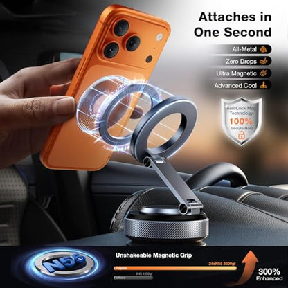 2026 Upgraded Aluminum Magnetic Car Phone Mount for MagSafe [80LBS Vacuum Suction, 3200gf Strong Magnet] 360° Adjustable Car Phone Holder for iPhone 17 16 15 14 13 Pro Max