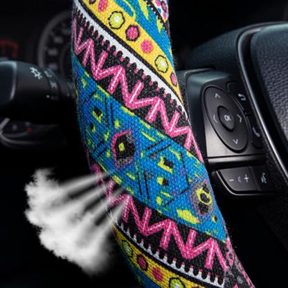 SEG Direct Steering Wheel Cover Handwoven Flax with Geometric Patterns, Anti-Slip & Breathable, Ethnic Style Steering Wheel Protector, Fits 14.5" - 15.25" Wheels - color: Neon Matrix