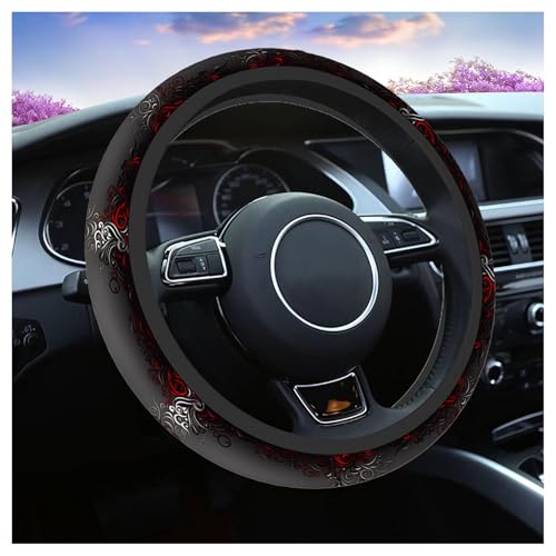 Swono Car Steering Wheel Covers Red Black Floral Beautiful Floral at The Border Creative Design Universal for Women Girls Soft Neoprene Anti-Slip Car Accessories for Most Sedan Van SUV - color: multi-050