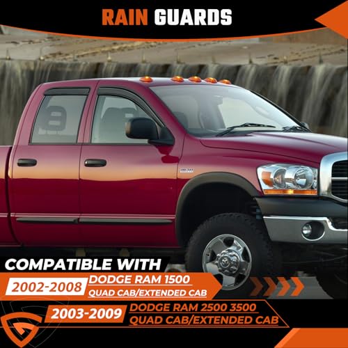 Rain Guards Fit for 2002-2008 Dodge Ram 1500 Quad Cab/Extended Cab/ 03-09 Dodge Ram 2500 3500, Tape-On Extra Durable Side Window Sun Rain Guard Visor Deflectors Black 4 PCS - size: Fit for Dodge Ram 1500 Quad Cab 2002-2008