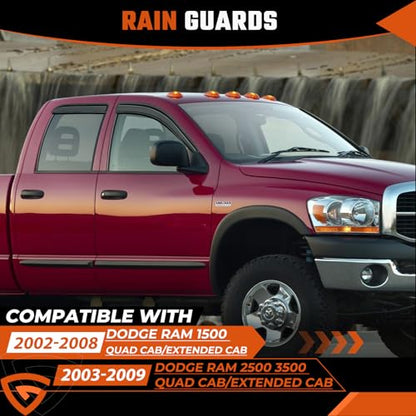 Rain Guards Fit for 2002-2008 Dodge Ram 1500 Quad Cab/Extended Cab/ 03-09 Dodge Ram 2500 3500, Tape-On Extra Durable Side Window Sun Rain Guard Visor Deflectors Black 4 PCS - size: Fit for Dodge Ram 1500 Quad Cab 2002-2008