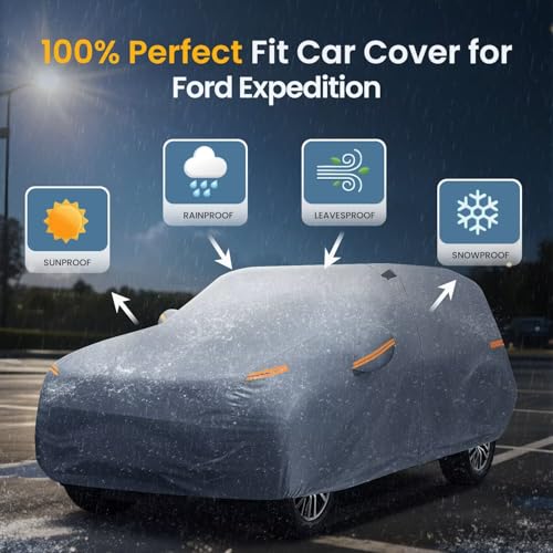 Large SUV Car Cover for Ford Expedition 100% Waterproof All Weather, Heavy Duty Outdoor Full Exterior Covers Rain Sun Wind UV Hail Protection.