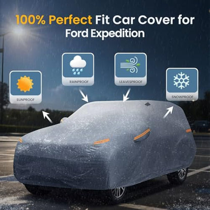 Large SUV Car Cover for Ford Expedition 100% Waterproof All Weather, Heavy Duty Outdoor Full Exterior Covers Rain Sun Wind UV Hail Protection.